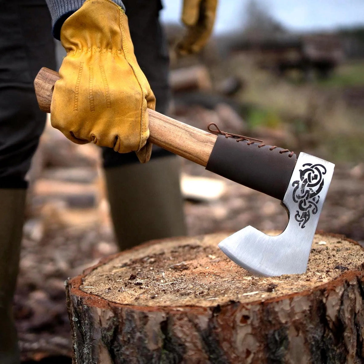 Engraved Camping Axe, Viking Bearded Axe with Sheath