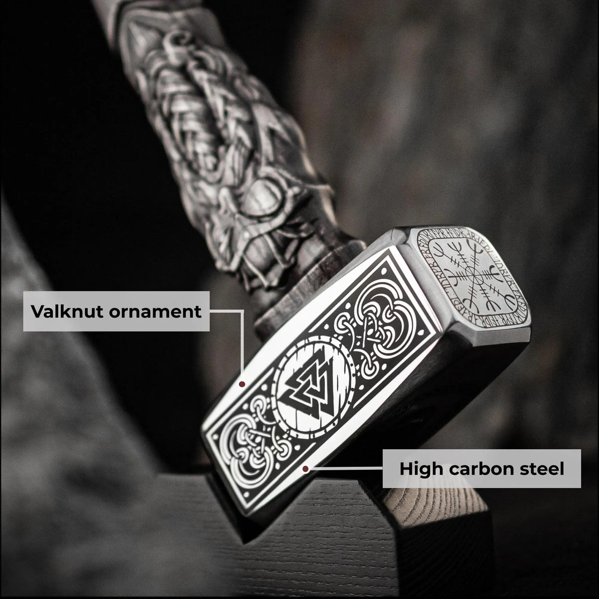 Viking Hammer Handmade: Hand-Carved Nordic Odin Handle, Engraved Valknut