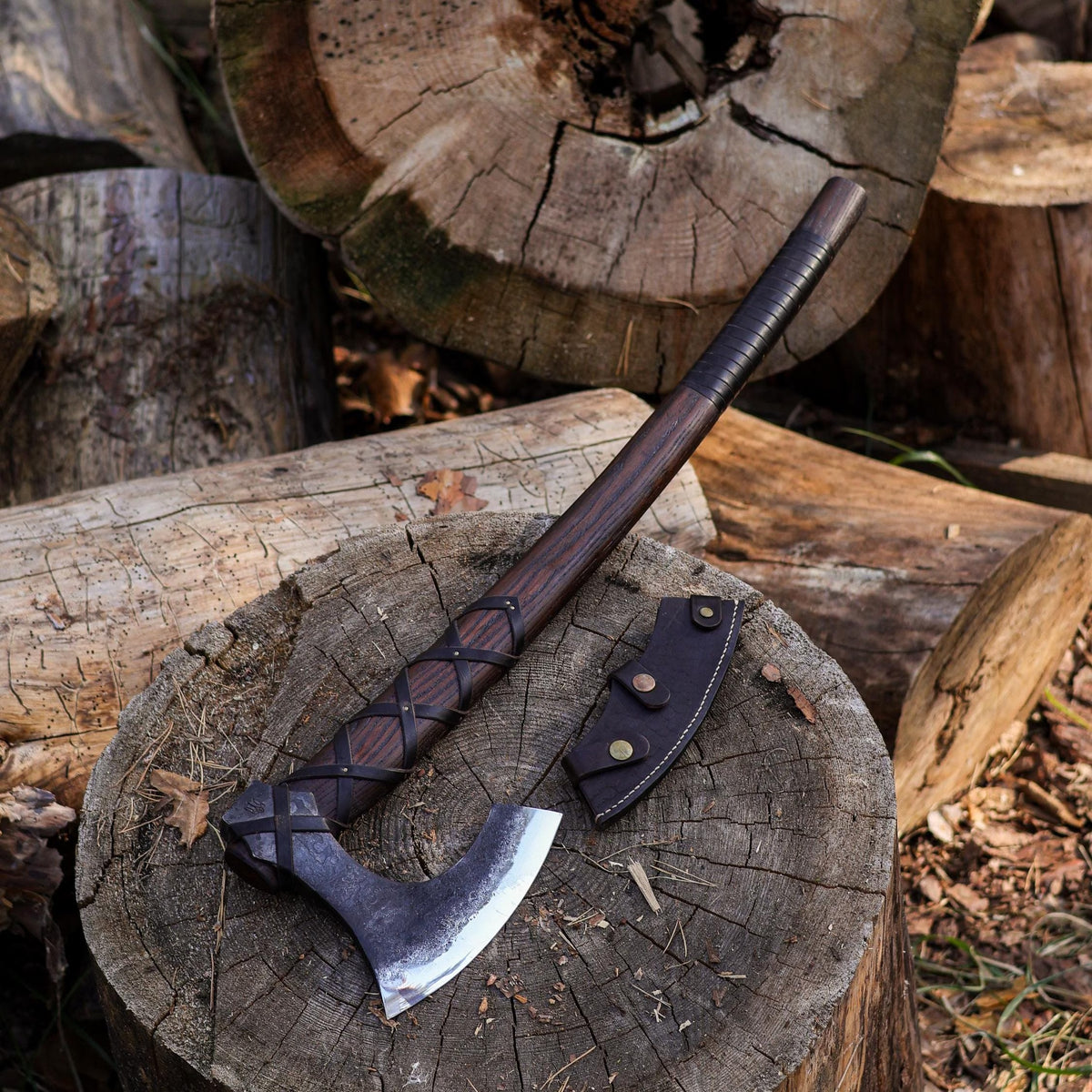 Hand Forged Viking Axe with Long Handle, Custom Engraved Chopping Axe & Sheath