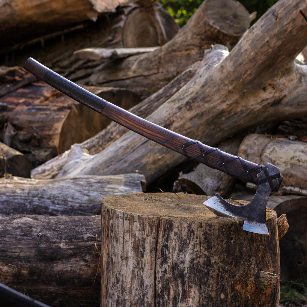 Hand Forged Viking Axe with Long Handle, Custom Engraved Chopping Axe & Sheath