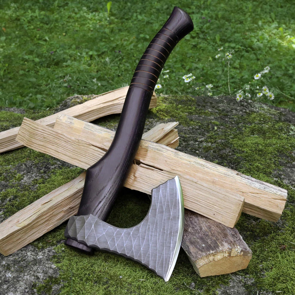 Handmade Viking Hatchet Custom Engraved, Functional Camping Axe Forged with Sheath & wooden runic box
